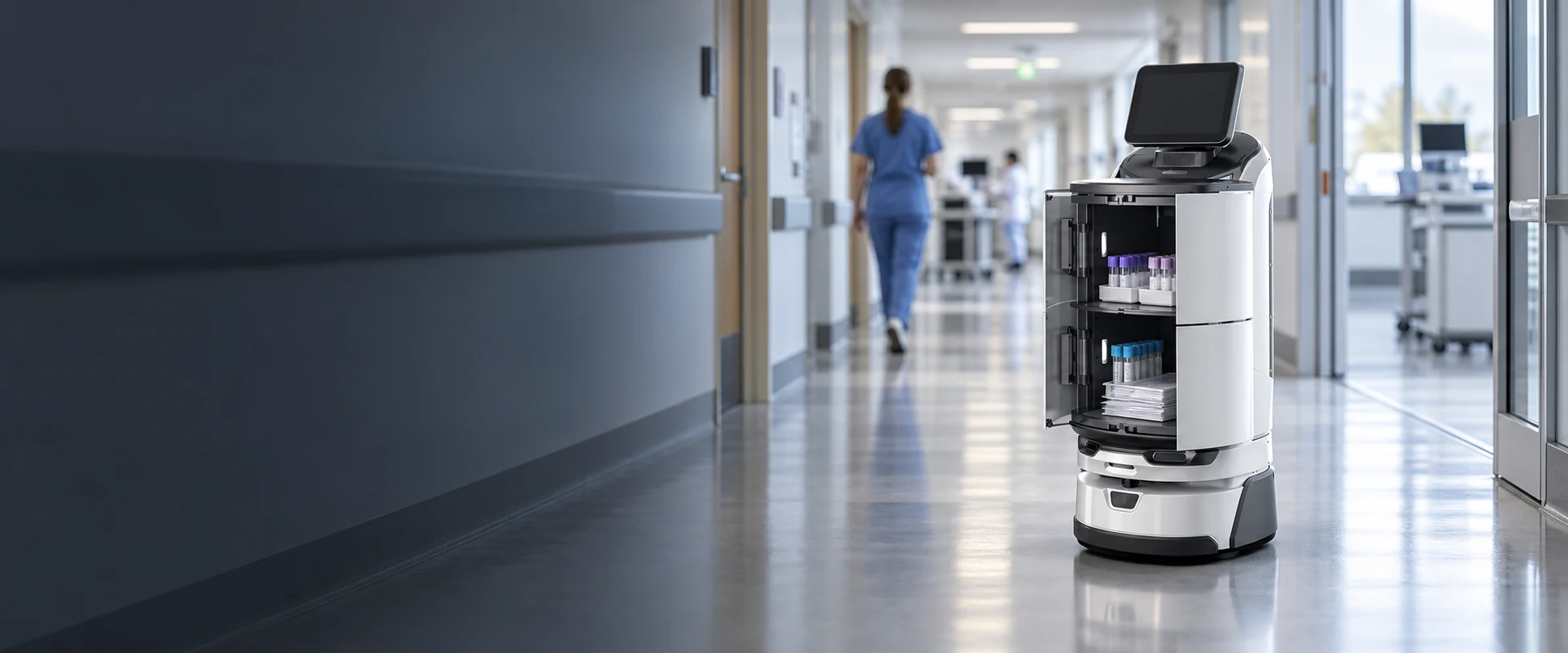 Mobile delivery and inspection robot in a corridor