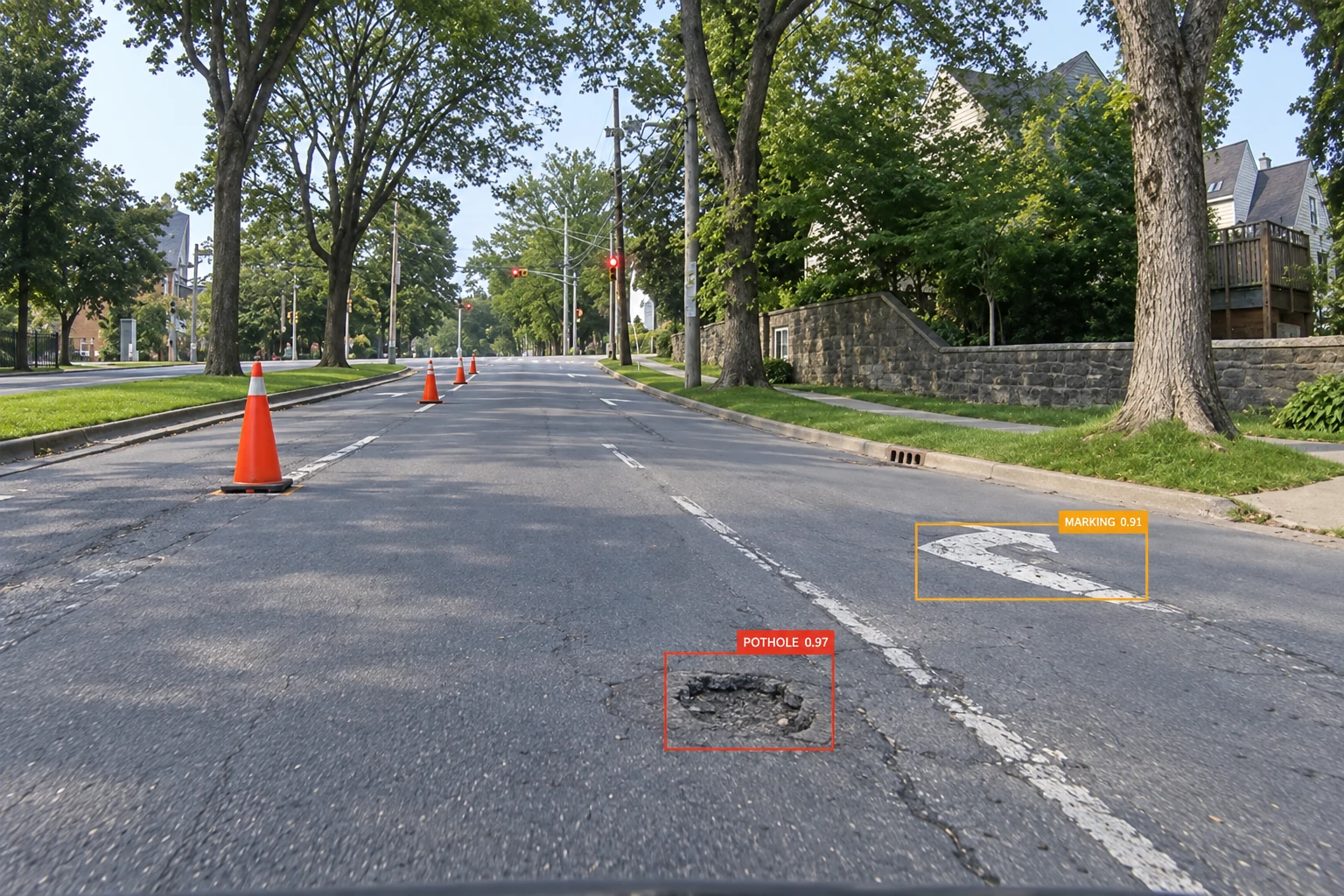 Dashcam view of a framed pothole on a North American city street