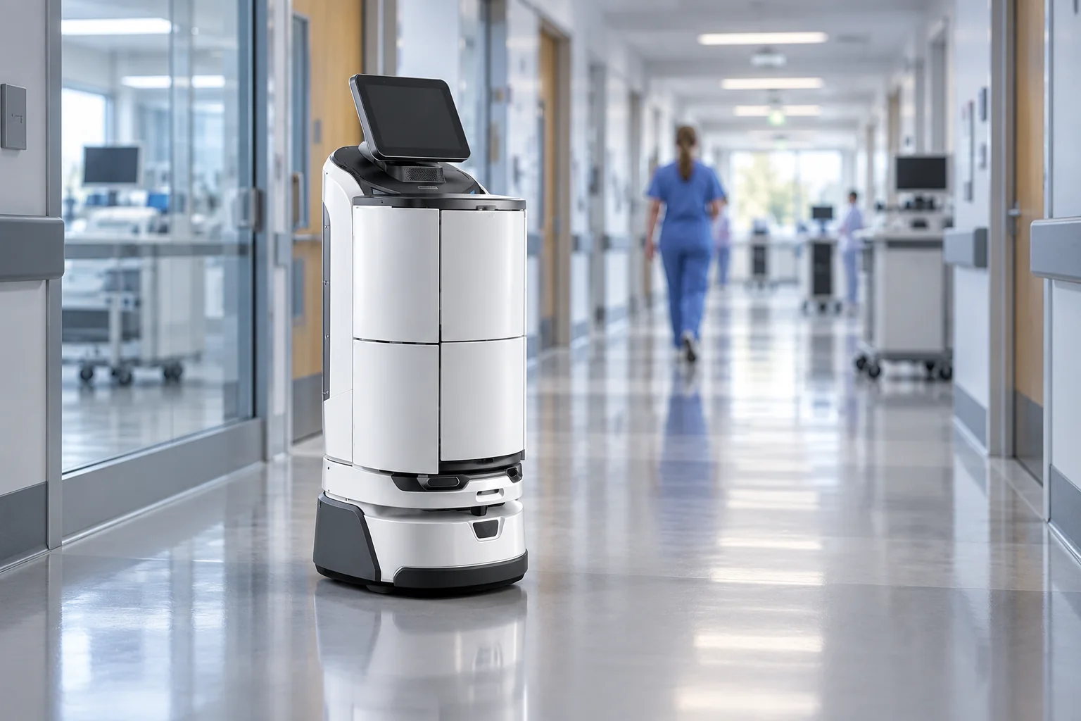 Hospital workflow robot carrying protected materials with its transport compartments closed