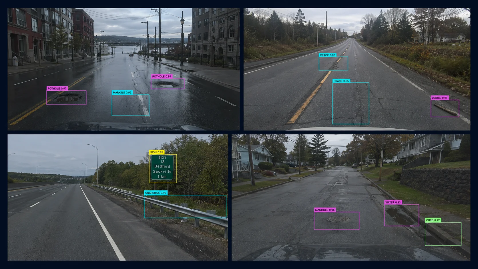 Multiple roadway video feeds with rectangular AI detection boxes